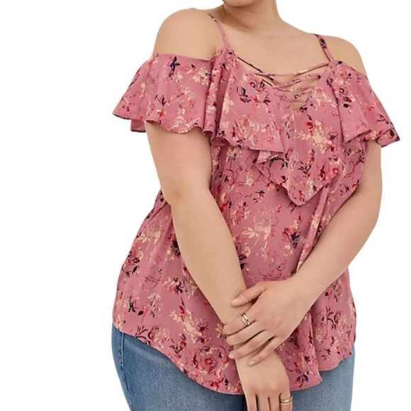 TORRID Lace-Up Cold Shoulder Blouse Georgette Floral Dusty Rose Ruffled Pink Top - Picture 3 of 11